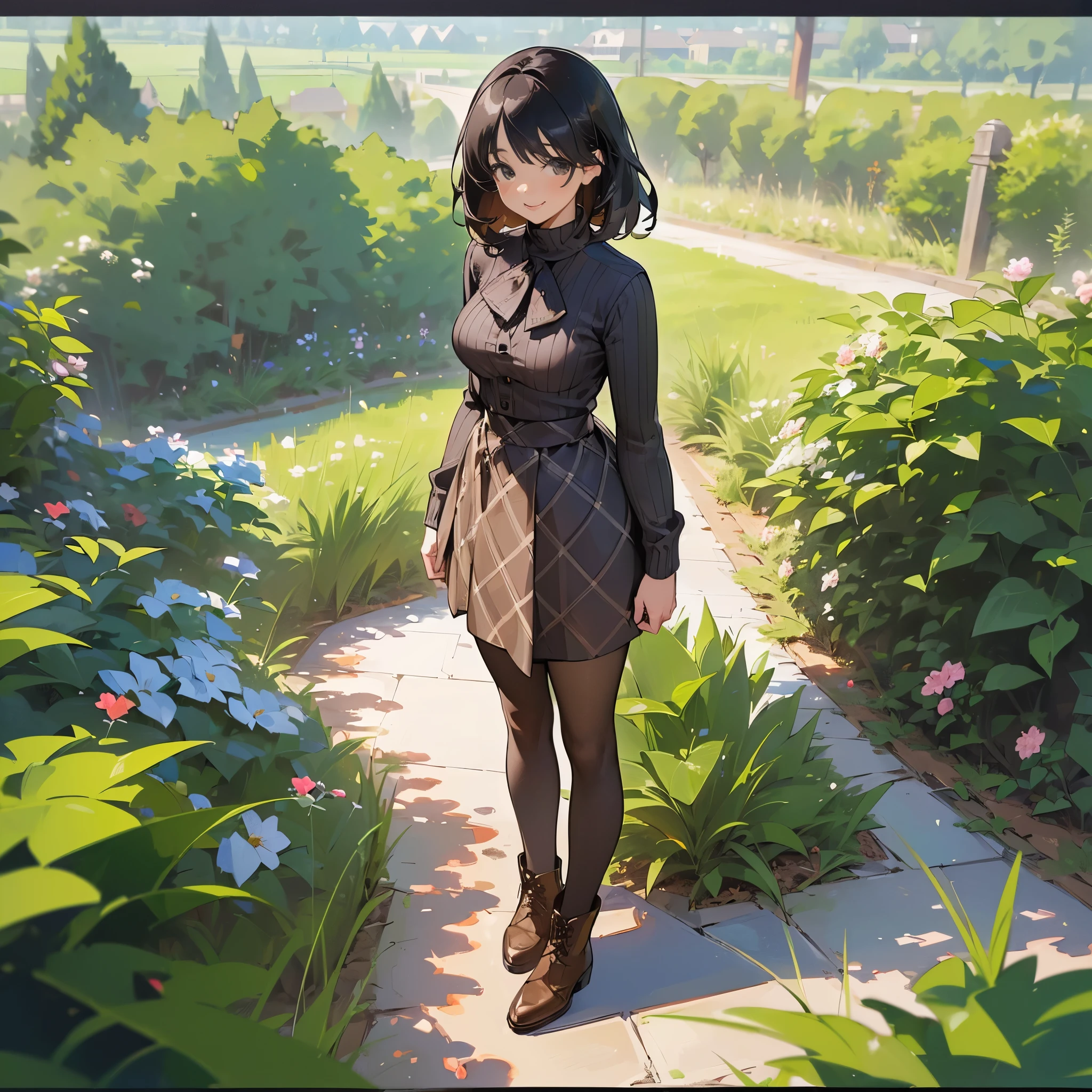 (high quality, High resolution, Super detailed, realistic:1.37), peaceful atmosphere, (outdoor, garden), Teenage girl standing alone, (My breasts are big.), Beautiful detailed features, cute smile, (black bob hair), Rib Sweater, Burberry Check Skirt, Black tights, brown boots.