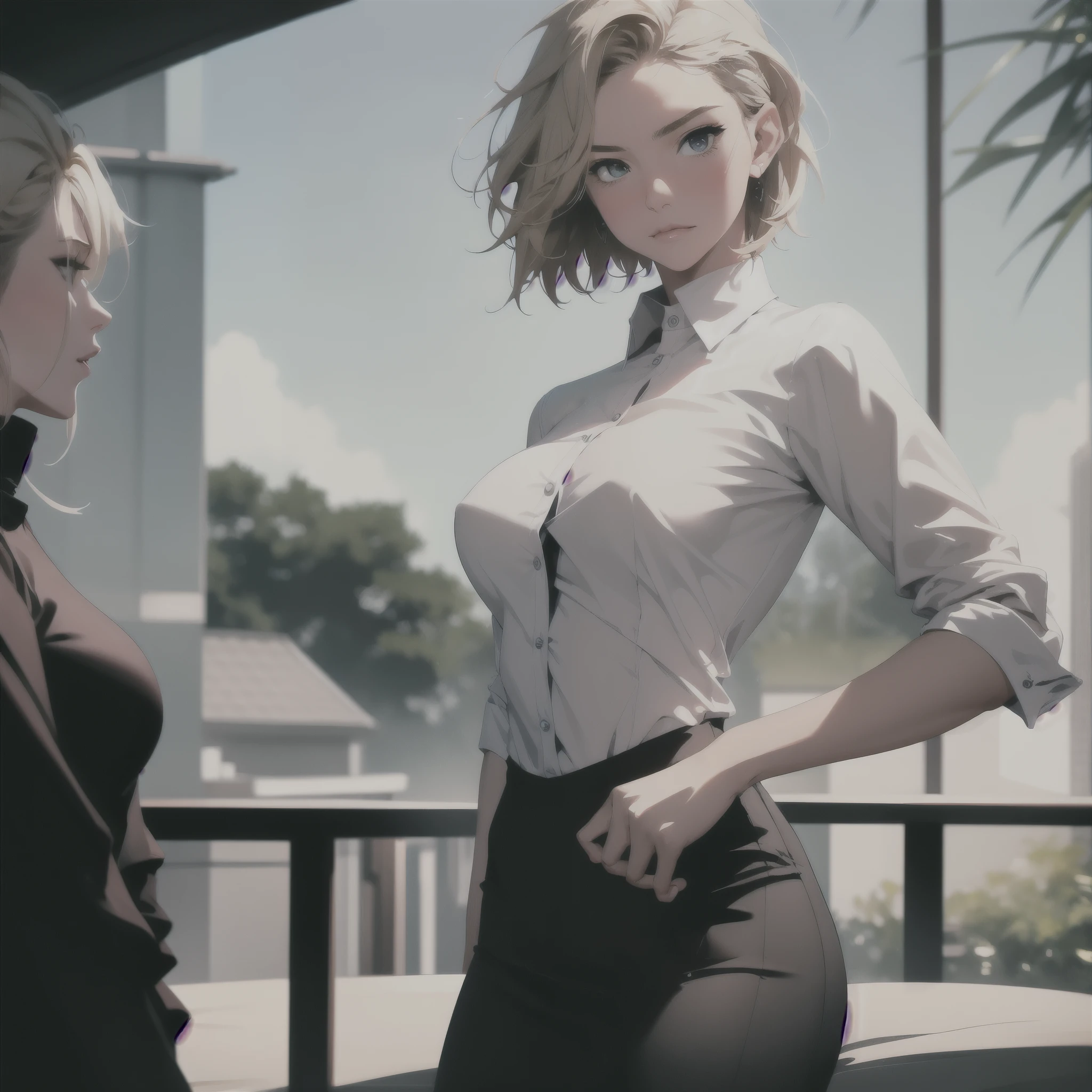 2 girls, side view, in a office, office suit, blonde, beautiful detailed white eyes, short haircut, chocker, beautiful detailed lips, extremely detailed face, Morning, upper body, 8k, raw photo, best quality, masterpiece, realistic, photo-realistic. large breasts