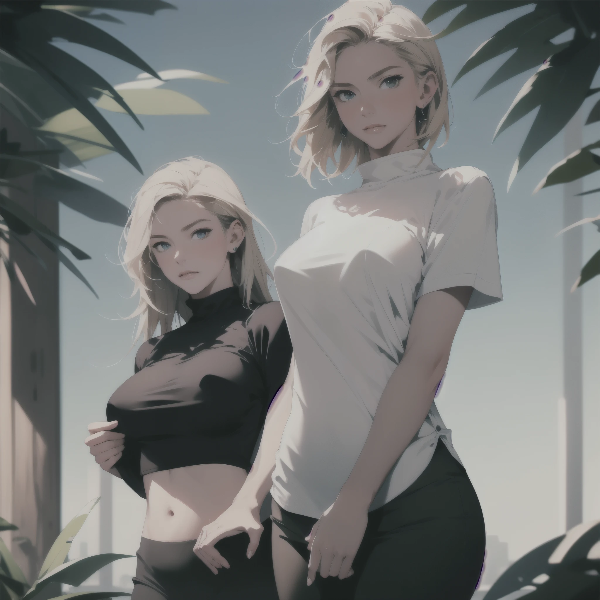 professional, (4k photo:1.1) by (Jeremy Lipking:0.3), (Dittmann Anna:0.3), (Arian Mark:0.3), (Sharp focus:1.3), high detail, wearing (tight shirt:1.2), beautiful detailed face, hazel eyes, short blonde hair, (attractive young woman:1.3), (seductive:1.1), (blushing:1.1), hourglass body shape, natural breasts, wide hips