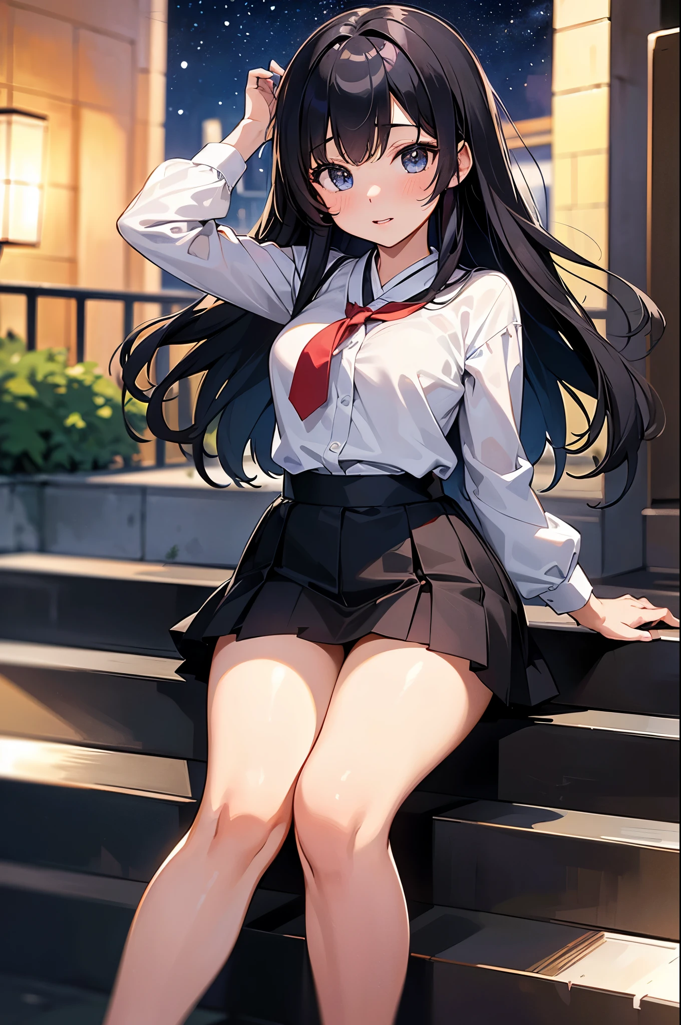 1 girl, , UHD, retina, masterpiece, precise, anatomically correct, textured skin, Super details, high detail, high quality, Award-winning, best quality, high resolution, HD, 4K,(Japanese cartoons,8k,masterpiece, quality, best quality,Beautiful and beautiful:1.2,Professional illustration:1.1,Ultra-detailed:1.perfect lighting),extremely detailed,most detailed,Extremely ridiculous,high resolution,Ultra-detaileded,complex:1.6, butt lift,cute pose,(Long black hair,miniskirt,Blouse,Student shoes,staircase,night,starry sky),
