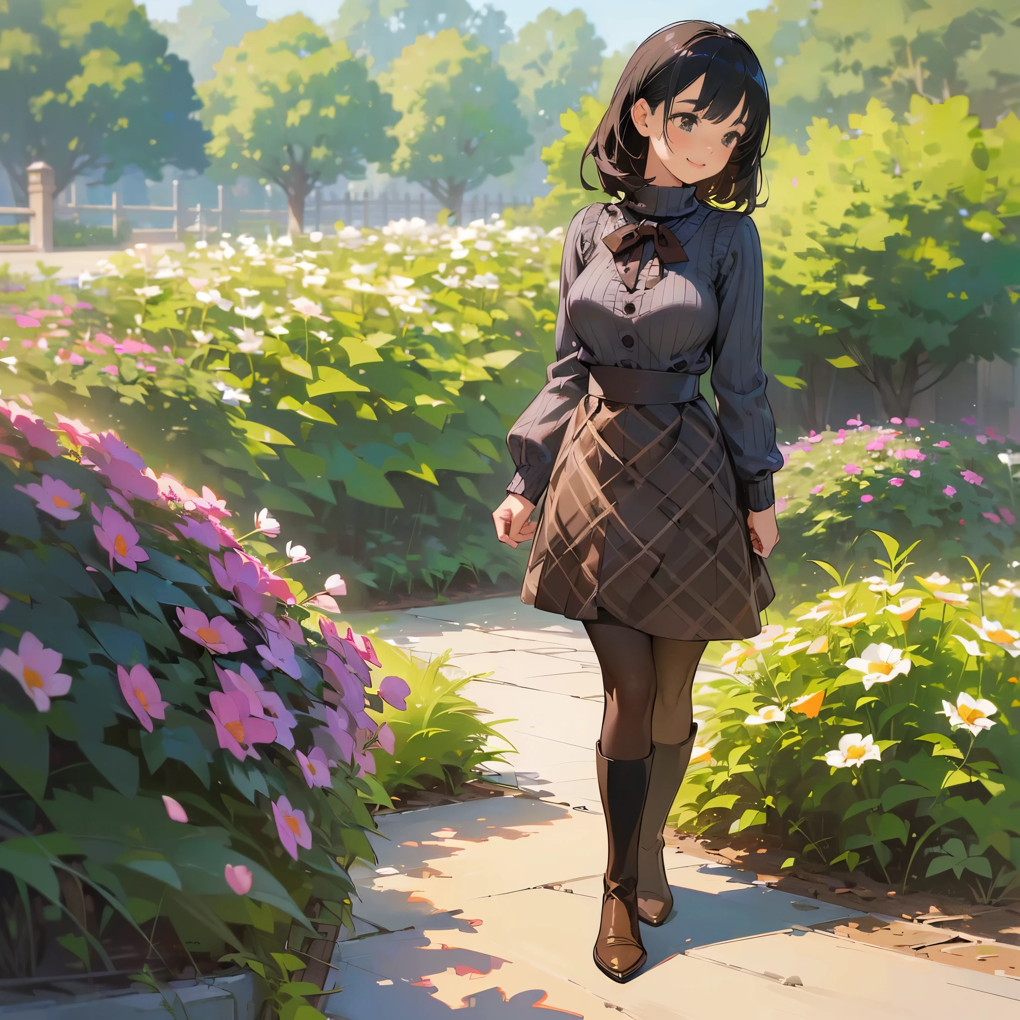 (high quality, High resolution, Super detailed, realistic:1.37), peaceful atmosphere, (outdoor, garden), girl standing alone, (My breasts are big.), Beautiful detailed features, cute smile, (black bob hair), Rib Sweater, Burberry Check Skirt, Black tights, brown boots.