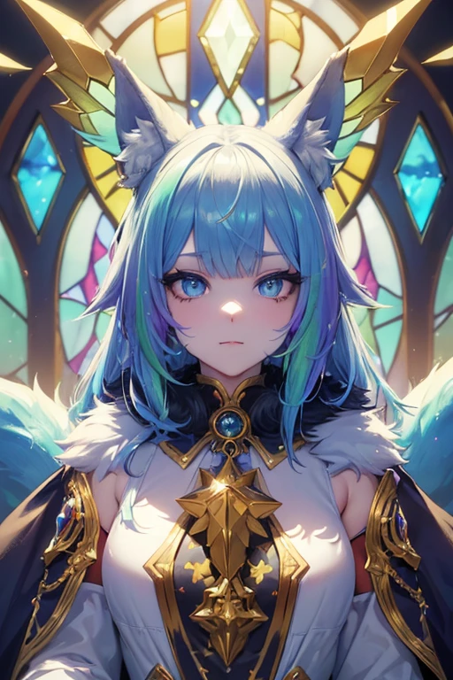 (fantasy sister, robe with gold decoration)(colorful stained glass, volumetric lighting backlighting good lighting, colorful refraction)depth of field(highly detailed beautiful face and eyes)perfect anatomy(furry beastman)(fur covered body animal facial features animal body features)(animal muzzle highly detailed fur)
