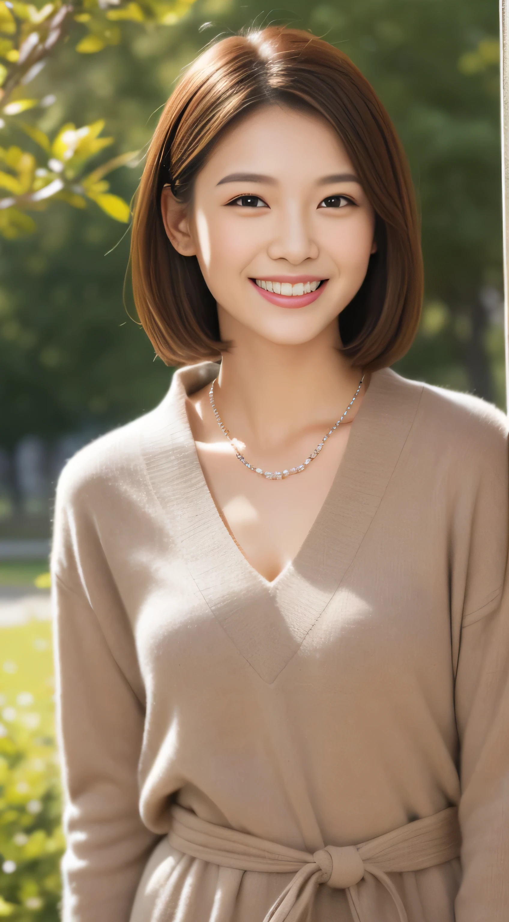 The face of the hostess、Winter Outfit、High quality、Super realistic、healthy、Smiling expression、Slender perfect figure、Japanese beauty、 necklace、perfect eyes beautiful skin、upper part of the body、garden