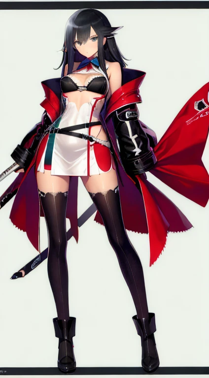 (((Best Quality))) , ((full body)), female, character design, solo, ( white background:1.3), holding sword, thigh high, side slit trench skirt, summer outfit, colorful outfit, bare arms, Bust Bodice, bare waist, standing, backless casual dress, bikini, sideless skirt,