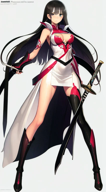 (((Best Quality))) , ((full body)), female, character design, solo, ( white background:1.3), holding sword, thigh high, side slit trench skirt, summer outfit, colorful outfit, ???? arms, Bust Bodice, ???? waist, standing, backless casual dress, ??????, sideless skirt,