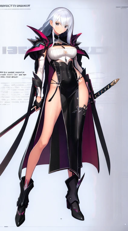 (((Best Quality))) , ((full body)), female, character design, solo, ( white background:1.3), holding sword, thigh high, side slit trench skirt, summer outfit, colorful outfit, bare arms, Bust Bodice, bare waist, standing, backless casual dress, bikini, sideless skirt,