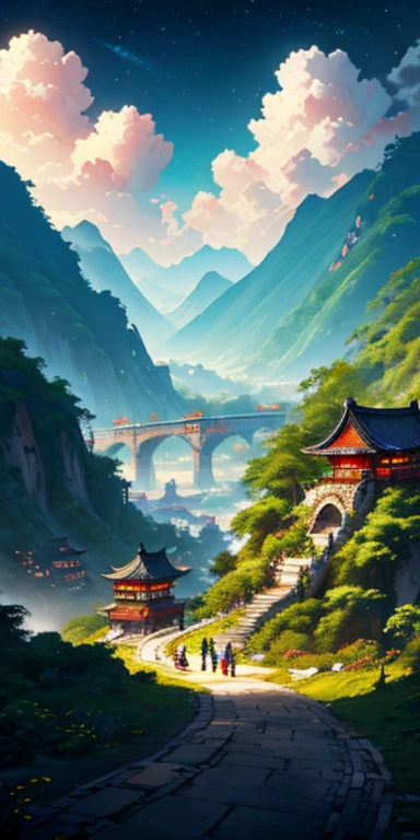 sky, star (sky), sight, starry sky, night, 1 woman, night sky, alone, outdoors, cloud, Milky Way, seat, long hair, city, cityscape, CG Society Competition Winner, fantasy art, 몽환적인 chinese village, chinese landscape, chinese fantasy, chinese ink style, pin ancient city view, Order an impressive fantasy landscape, the most epic scenery, mountainous jungle environment, avatar scenery, chinese village.