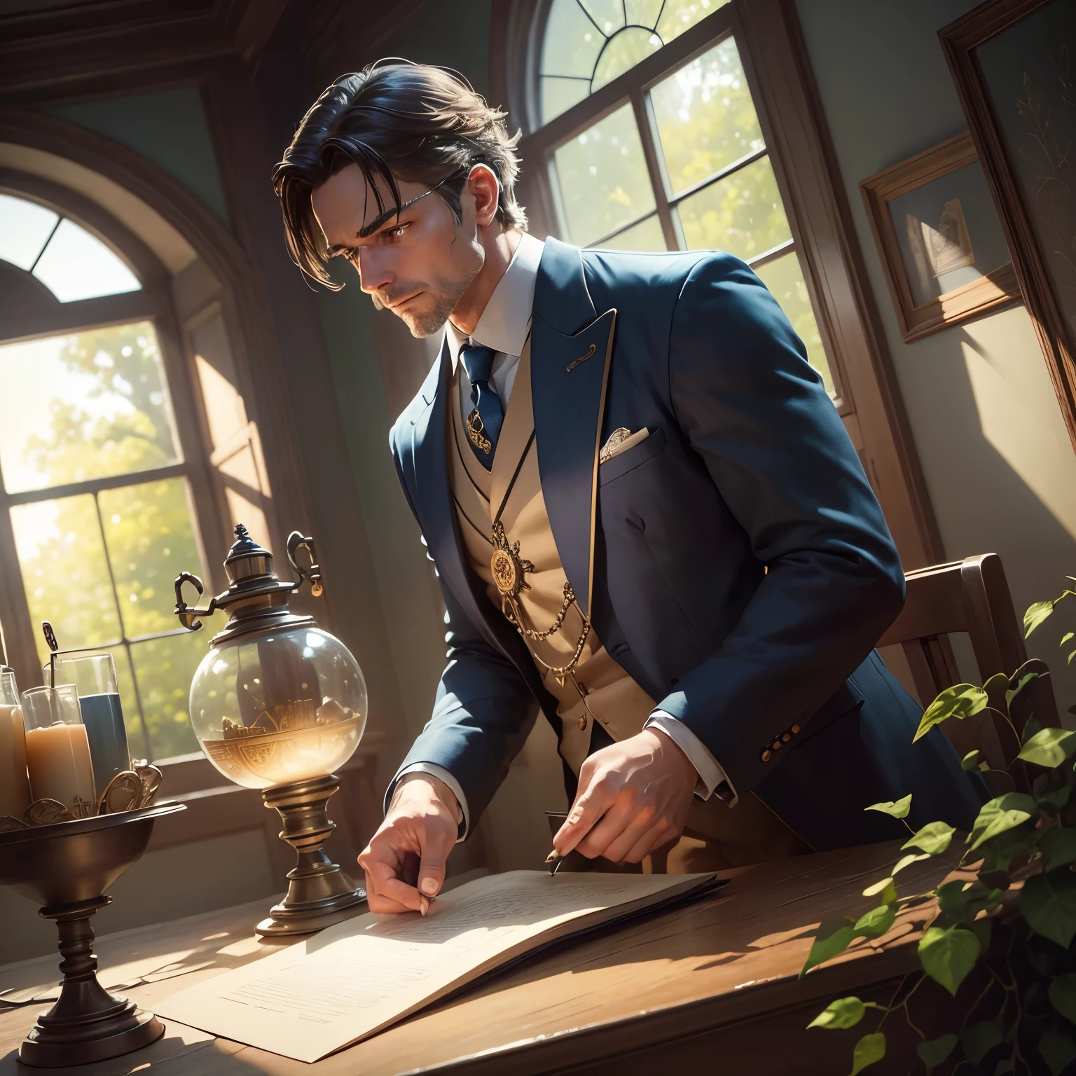man understanding the complexity of time,detailed clock mechanism,gears and cogs in motion,antique pocket watch,old books on time theory,meticulously crafted timepieces,highly detailed hourglass,sands of time flowing,thoughtful expression in his eyes,deep in contemplation of the concept of time,subtle lighting to create a mysterious atmosphere,painting with realistic textures,subtle color palette with shades of blue and gold,twisting vines and ivy in the background,creating a sense of the passing of time,gentle sunlight streaming through a window,illuminating the scene,fine brushstrokes to capture intricate details,providing a sense of depth and dimension,creating a captivating and thought-provoking artwork.