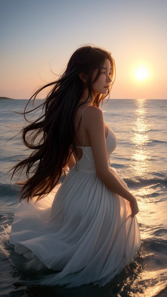 Araffe woman in the water hair blowing in the wind, backlit hair flowing, In the water up to her shoulders, hair is flowing, long hair floating, My hair is wet and flowing., A sunset glow was behind her head., rising from the ocean, hair blowing in the wind, beautiful picture, very beautiful picture, I float on the water., The feeling of flowing beautifully, Glowing hair flows smoothly.