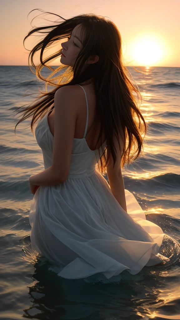 Araffe woman in the water hair blowing in the wind, backlit hair flowing, In the water up to her shoulders, hair is flowing, long hair floating, My hair is wet and flowing., A sunset glow was behind her head., rising from the ocean, hair blowing in the wind, beautiful picture, very beautiful picture, I float on the water., The feeling of flowing beautifully, Glowing hair flows smoothly.