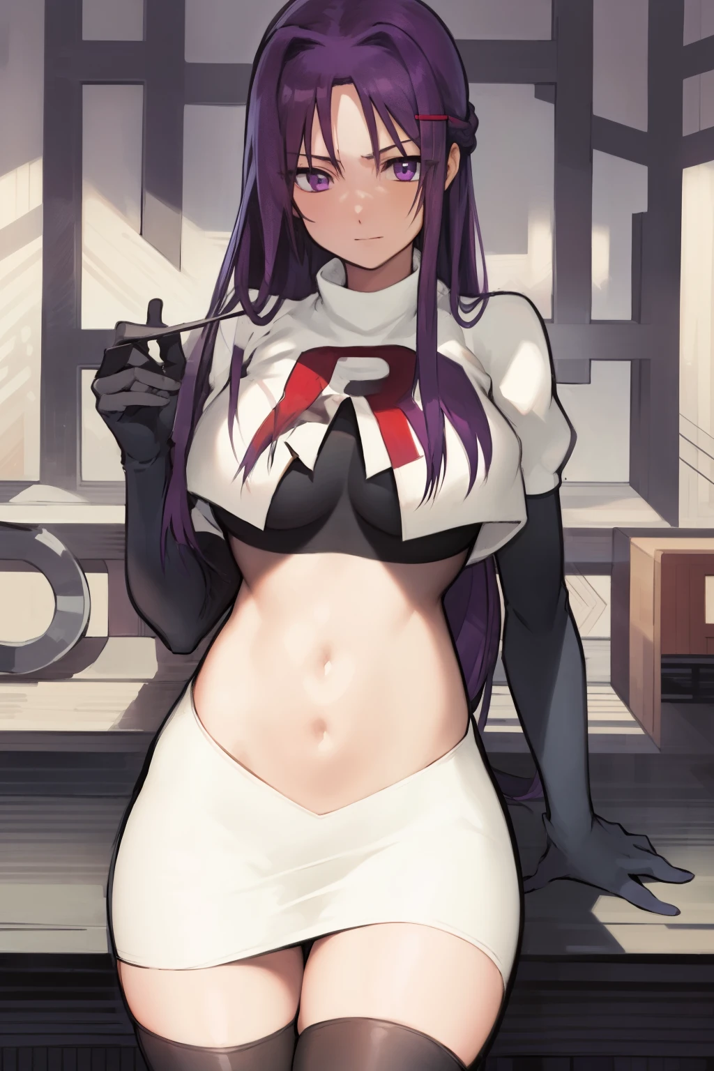 2d, masterpiece, best quality, anime, highly detailed, cowboy shot, 1girl, solo, yuri, purple eyes, purple hair, long hair, hairclip, [[large breasts]], team rocket,team rocket uniform,white skirt,red letter R,crop top,black thigh-highs,black elbow gloves