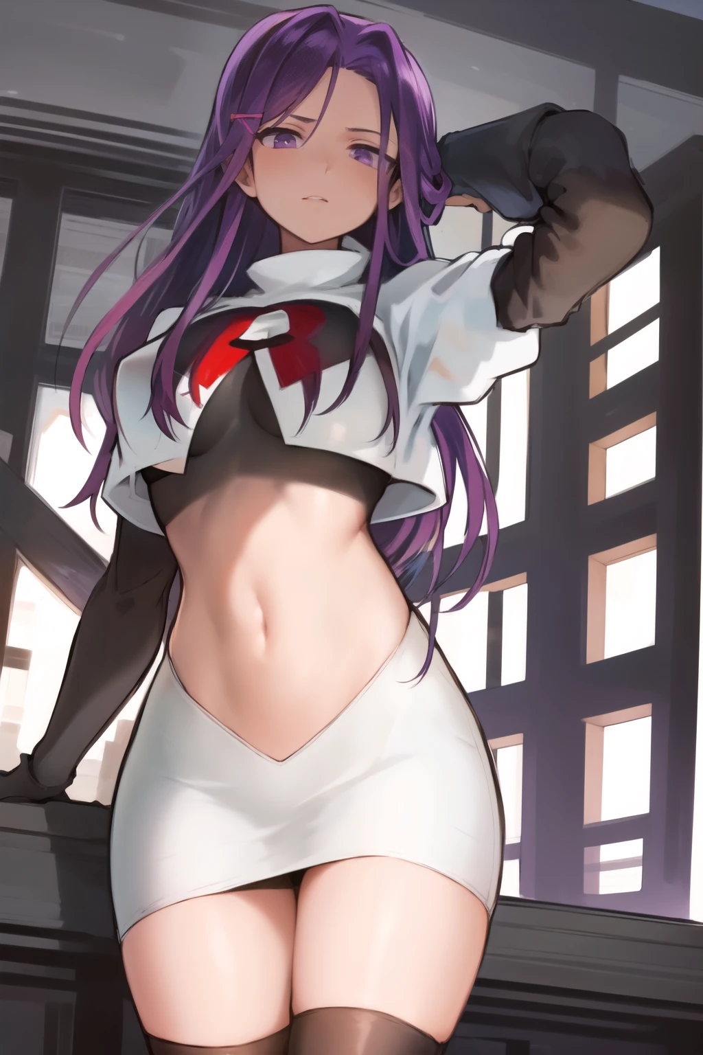2d, masterpiece, best quality, anime, highly detailed, cowboy shot, 1girl, solo, yuri, purple eyes, purple hair, long hair, hairclip, [[large breasts]], team rocket,team rocket uniform,white skirt,red letter R,crop top,black thigh-highs,black elbow gloves