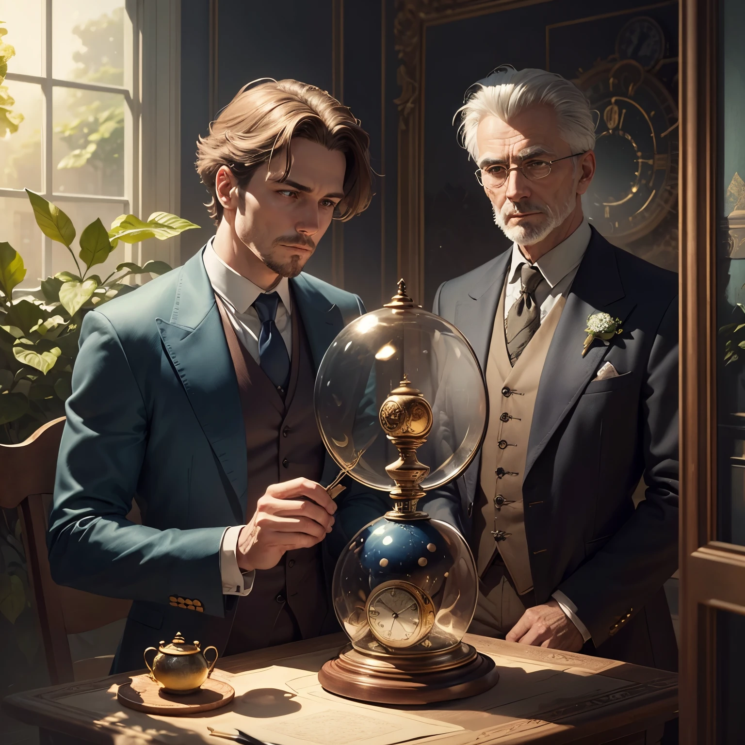 man understanding the complexity of time,detailed clock mechanism,gears and cogs in motion,antique pocket watch,old books on time theory,meticulously crafted timepieces,highly detailed hourglass,sands of time flowing,thoughtful expression in his eyes,deep in contemplation of the concept of time,subtle lighting to create a mysterious atmosphere,painting with realistic textures,subtle color palette with shades of blue and gold,twisting vines and ivy in the background,creating a sense of the passing of time,gentle sunlight streaming through a window,illuminating the scene,fine brushstrokes to capture intricate details,providing a sense of depth and dimension,creating a captivating and thought-provoking artwork.