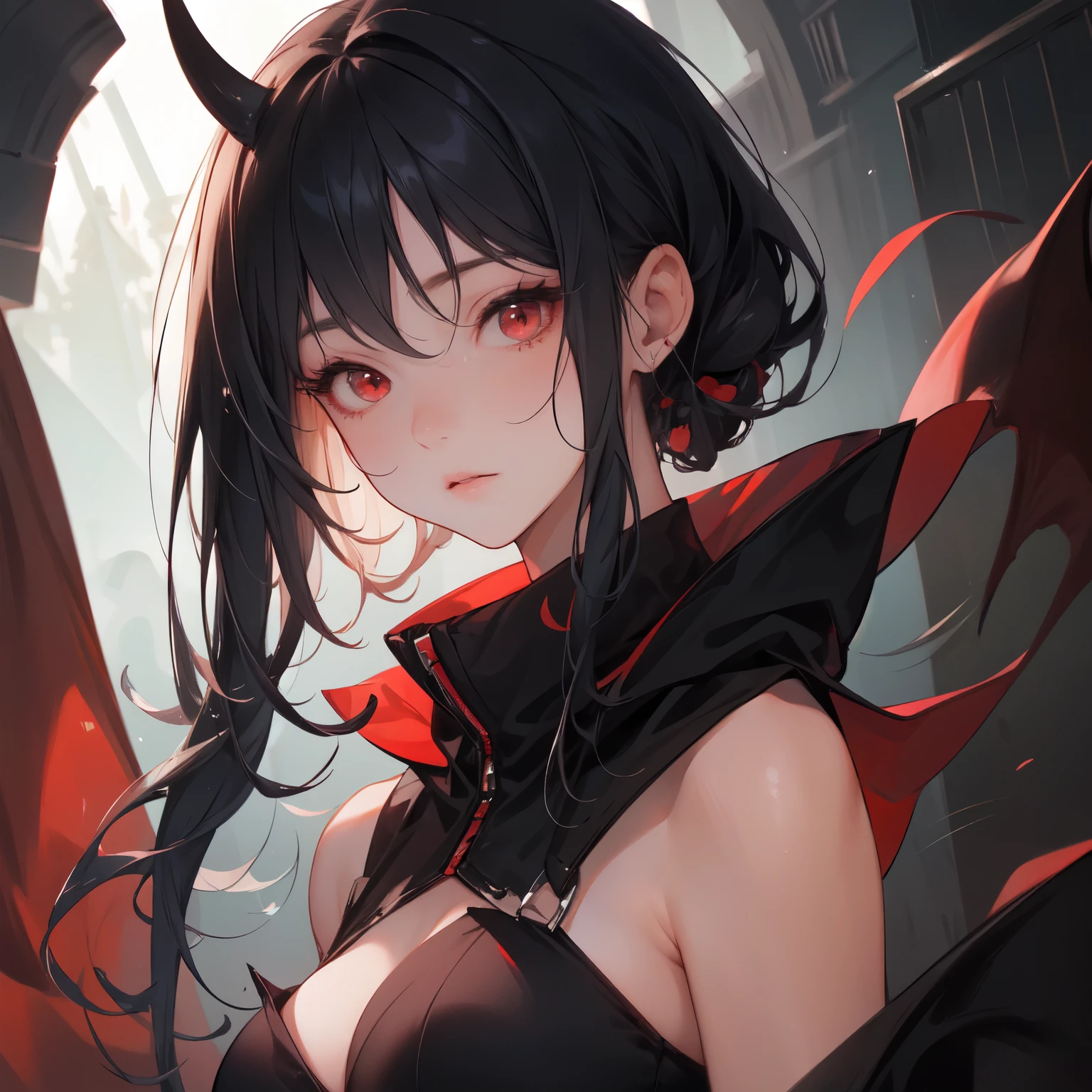 1girl, demon, crazy expression, evil, red eyes, black blue hair with highlights