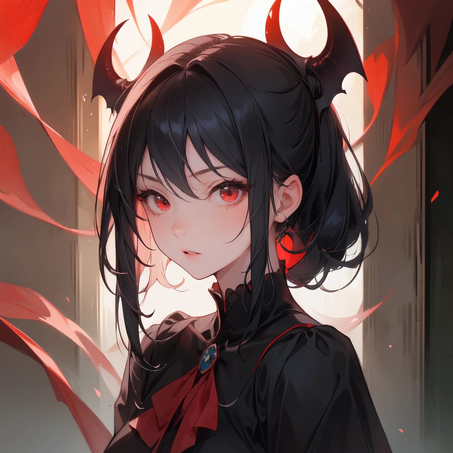 1girl, demon, crazy expression, evil, red eyes, black blue hair with highlights