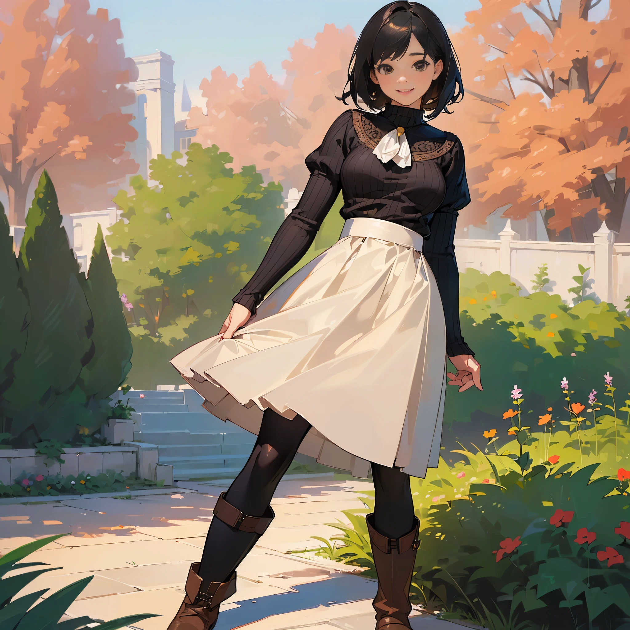 (high quality, High resolution, Super detailed, realistic:1.37), peaceful atmosphere, (outdoor, garden), Teenage girl standing alone, (My breasts are big.), Beautiful detailed features, cute smile, (black bob hair), Rib Sweater, Burberry Check Skirt, Black tights, brown boots.