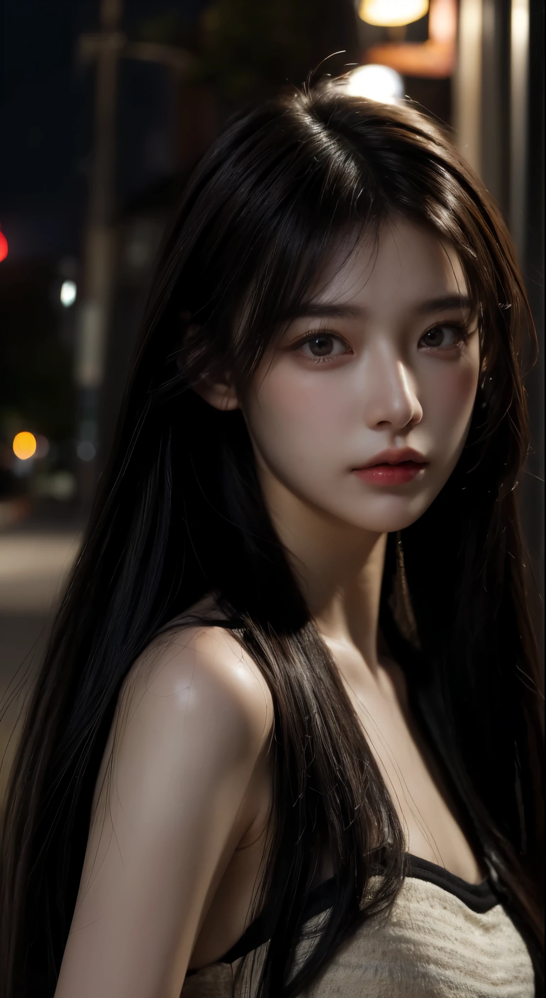 ((realistic lighting, highest quality, 8K, masterpiece: 1.3)), face always facing forward、clear focus: 1.2, 1 girl, , ((dark brown hair, big: 1.3)), (hurry: 1.4), (outdoors, night: 1.1), street style, super slender face, fine eyes, double eyelid,always look forward、 smile a little, incredibly absurd, messy hair, floating hair,