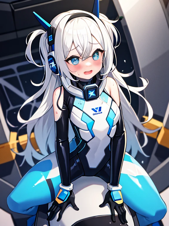 （Equestrian machine):1.3、乗馬マシーンにstraddle、straddle:1.3,Tubes and cables、holds the smartphone in her hand、(Interior of white cyberpunk futuristic space station)、1 girl、solo、full body painting、chest、Sweat、tears、heart-shaped pupil、Ahegao、Steamed body、(blue and black bodysuit):1.2、(Futuristic latex bodysuit space suit):1.1,headphone、V arm、(blush:1.3)