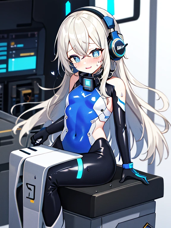 （Equestrian machine):1.3、乗馬マシーンにstraddle、straddle:1.3,Tubes and cables、holds the smartphone in her hand、(Interior of white cyberpunk futuristic space station)、1 girl、solo、full body painting、chest、Sweat、tears、heart-shaped pupil、Ahegao、Steamed body、(blue and black bodysuit):1.2、(Futuristic latex bodysuit space suit):1.1,headphone、V arm、(blush:1.3)