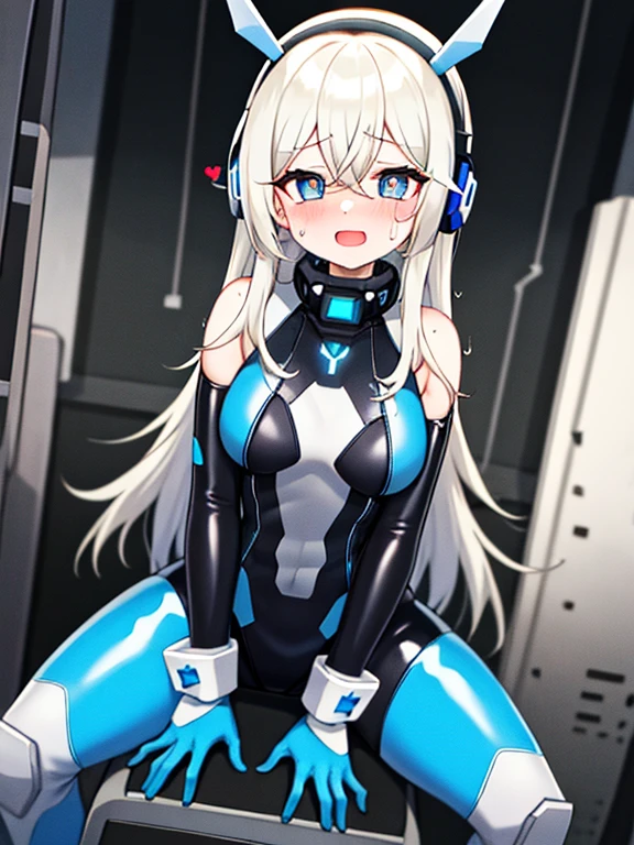(Equestrian machine):1.3、乗馬マシーンにstraddle、straddle:1.3,Tubes and cables、holds the smartphone in her hand、(Interior of white cyberpunk futuristic space station)、1 girl、solo、full body painting、chest、Sweat、tears、heart-shaped pupil、Ahegao、Steamed body、(blue and black bodysuit):1.2、(Futuristic latex bodysuit space suit):1.1,headphone、V arm、(blush:1.3)