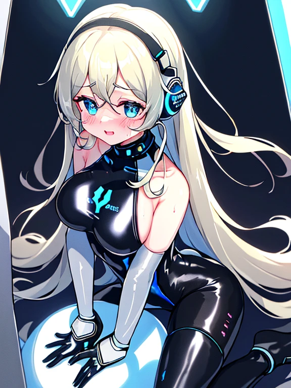 (Equestrian machine):1.3、乗馬マシーンにstraddle、straddle:1.3,Tubes and cables、holds the smartphone in her hand、(Interior of white cyberpunk futuristic space station)、1 girl、solo、full body painting、chest、Sweat、tears、heart-shaped pupil、Ahegao、Steamed body、(blue and black bodysuit):1.2、(Futuristic latex bodysuit space suit):1.1,headphone、V arm、(blush:1.3)