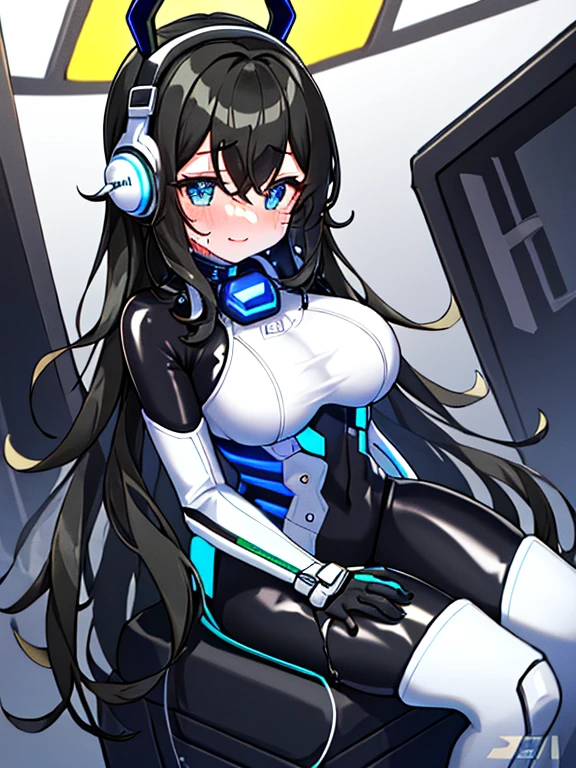 （Equestrian machine):1.3、乗馬マシーンにstraddle、straddle:1.3,Tubes and cables、holds the smartphone in her hand、(Interior of white cyberpunk futuristic space station)、1 girl、solo、full body painting、chest、Sweat、tears、heart-shaped pupil、Ahegao、Steamed body、(blue and black bodysuit):1.2、(Futuristic latex bodysuit space suit):1.1,headphone、V arm、(blush:1.3)