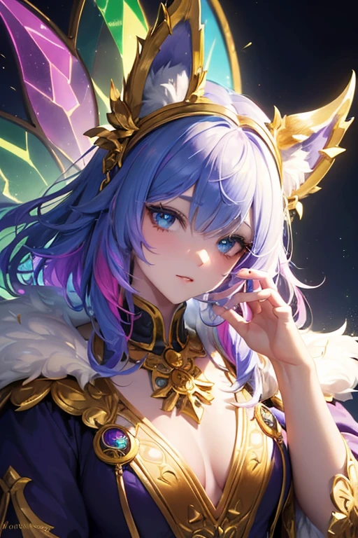 bedroom, sunny, Laura_(vindictus), 1girl, eyes half-closed, one eye is closed, looking at viewer, nose blush, short hair, fake animal ears, cleavage, jewelry, purple eyes, purple hair, cat ears, necklace, facial mark, forehead mark, (great wings, feathered wings, angel wings), angel, bracer, armlet, choker, see-through, <lora:Laura6_lora:1> (masterpiece,highres,beautiful, realistic,extremely detailed face,best quality:1.2), (shiny skin), blurry, incoming kiss, close view, <lora:incoming_kiss:1>