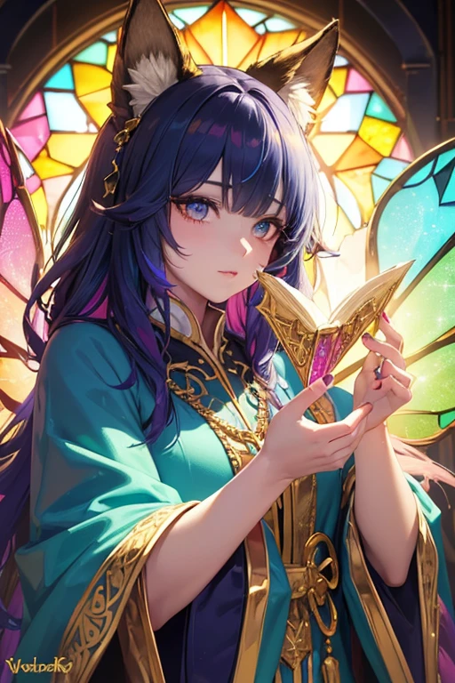 (fantasy sister, robe with gold decoration)(colorful stained glass, volumetric lighting backlighting good lighting, colorful refraction)depth of field(highly detailed beautiful face and eyes)perfect anatomy(furry beastman)(fur covered body animal facial, features animal body)(animal muzzle highly detailed fur)