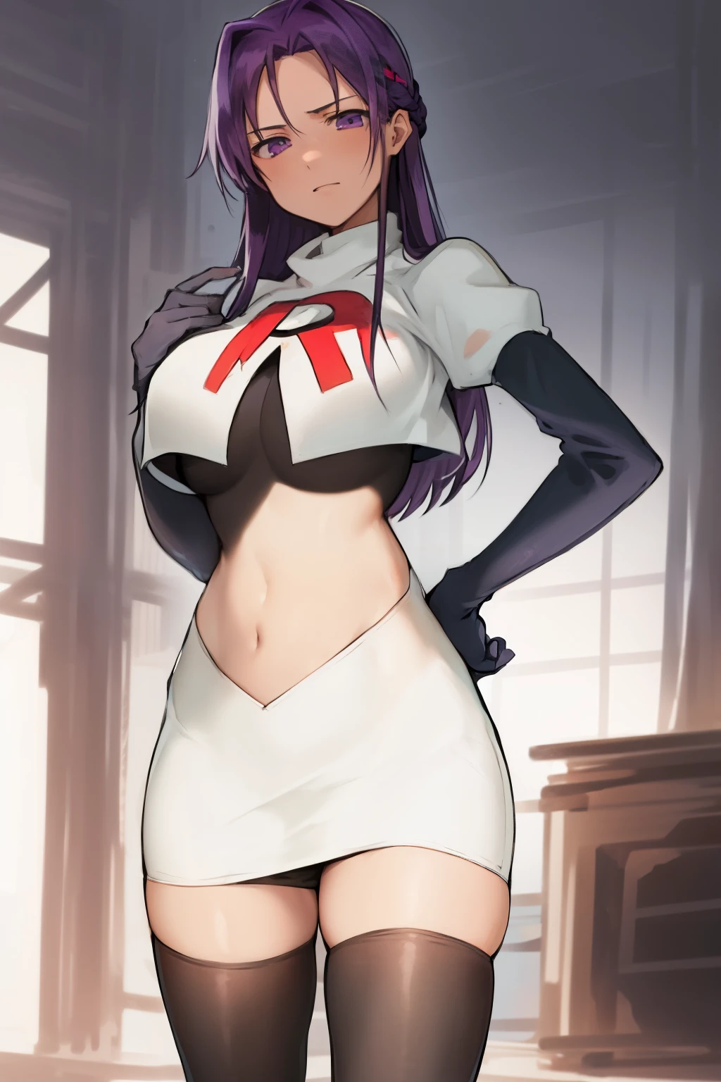 2d, masterpiece, best quality, anime, highly detailed, cowboy shot, 1girl, solo, yuri, purple eyes, purple hair, long hair, hairclip, [[large breasts]], team rocket,team rocket uniform,white skirt,red letter R,crop top,black thigh-highs,black elbow gloves