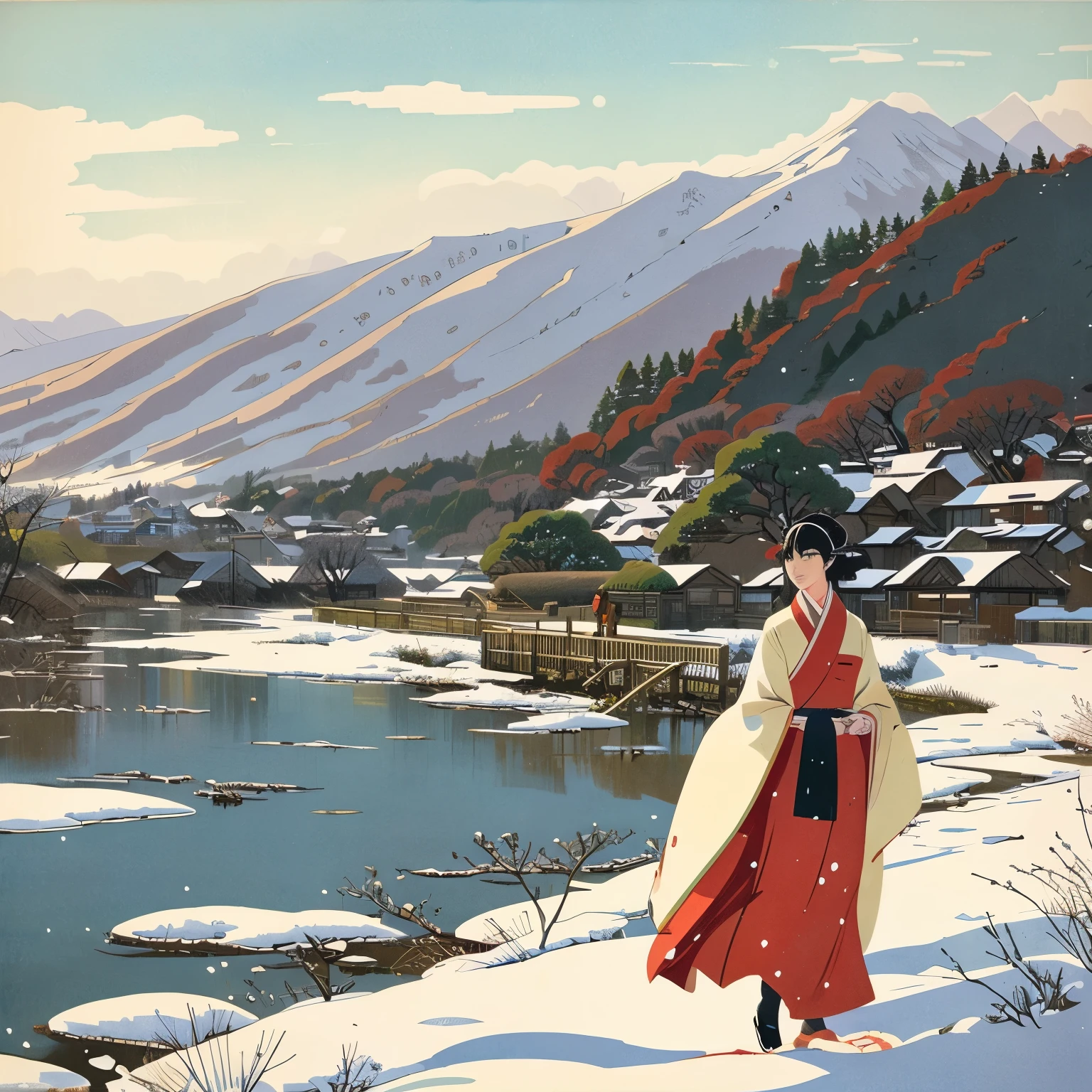 Illustration style、Showa Anime、woman、ukiyoe painting 、country scenery、Woman at the center、Delicate touch、finely、The wind is blowing、kimono、Japanese、Shinkai Makoto style、((winter)),((snow))