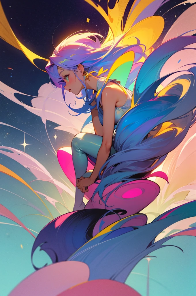 hyperrealistic, surreal, abstract image of a woman sitting on a cloud looking at the stars, she is wearing a white and gold-colored dress, long pink and blue hair, it is a yellow, pink and green sunset, style of J.scott campbell stroke, camera blur, blur in the lights