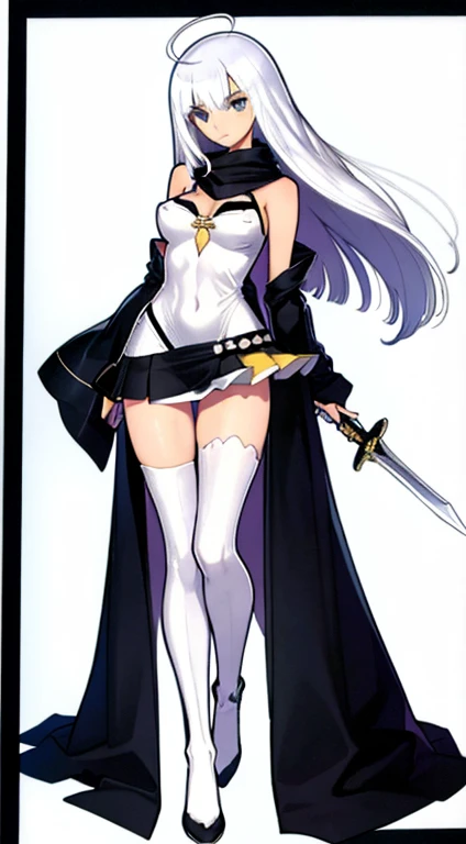 (((Best Quality))) , ((full body)), female, character design, solo, ( white background:1.3), holding staff, gloves, thigh high, side slit trench skirt, summer outfit, colorful outfit, bare arms, bareback, Bust Bodice, bare waist, standing, casual dress, bikini,