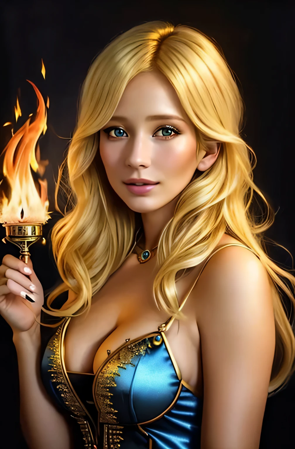 Masterpiece, best quality, (beautiful face: 1.1), (realistic: 1.5) (blonde witch, marischa becker, 30 years old woman, fire magic: 1.3), upper body