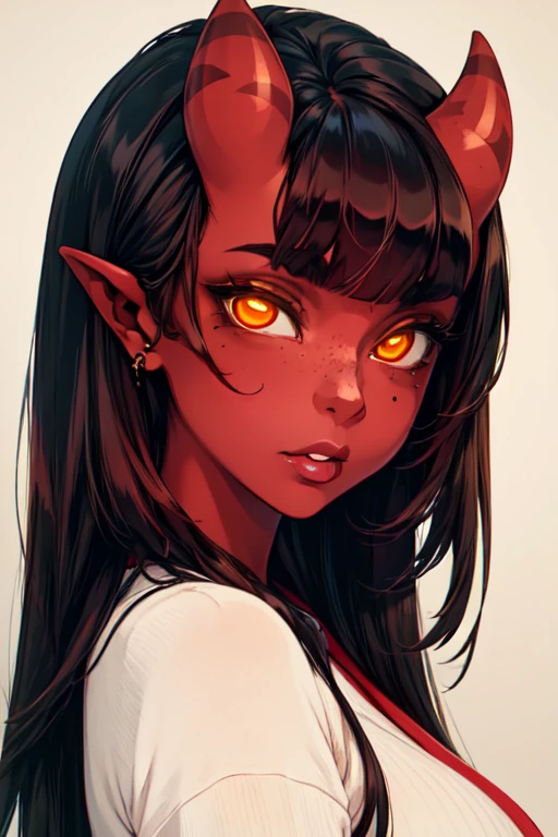 (masterpiece, best quality), 1girl, beautiful face, beautiful body,  meruccubus, red oni, colored skin, red skin, pointy ears, long hair, mole, oni, blunt bangs