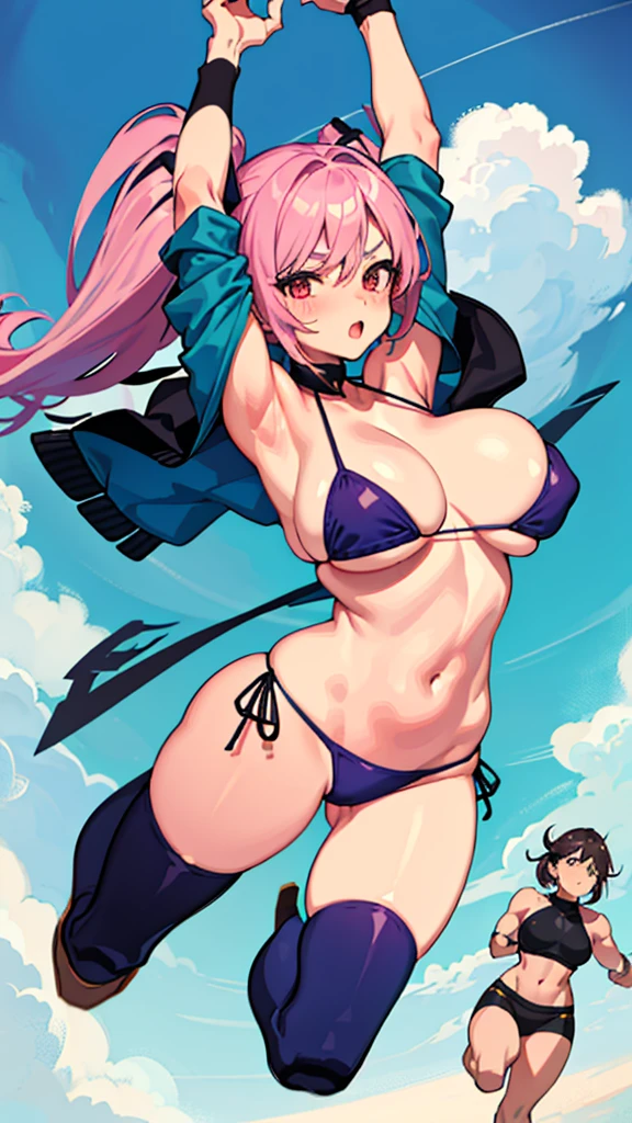 1girl, rough sketch, big tits, super huge tits, micro bikini, tight bikini, wild, badass girl, jumping pose, jacket, focus on her tits, arms up, armpits, full body, blushing, stockings, hair twin tail