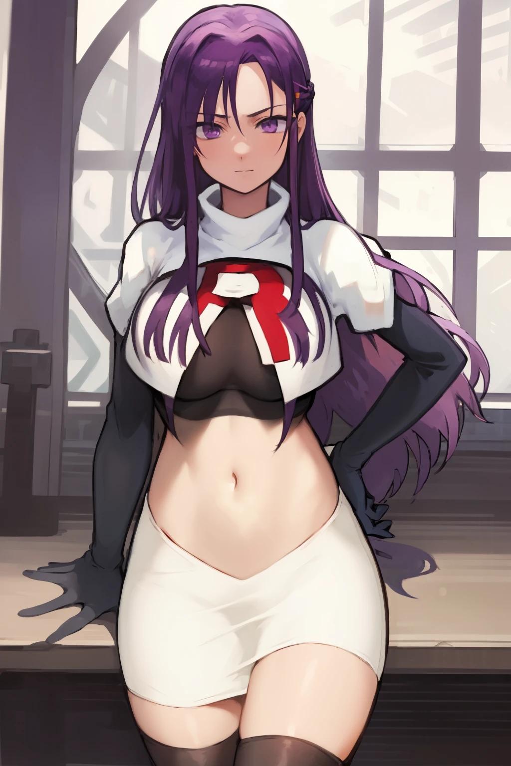 2d, masterpiece, best quality, anime, highly detailed, cowboy shot, 1girl, solo, yuri, purple eyes, purple hair, long hair, hairclip, [[large breasts]], team rocket,team rocket uniform,white skirt,red letter R,crop top,black thigh-highs,black elbow gloves