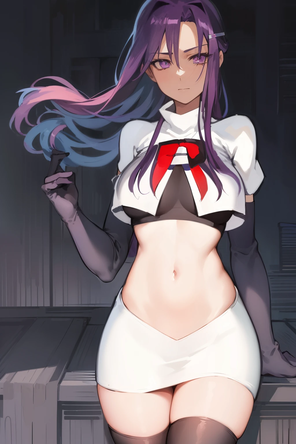 2d, masterpiece, best quality, anime, highly detailed, cowboy shot, 1girl, solo, yuri, purple eyes, purple hair, long hair, hairclip, [[large breasts]], team rocket,team rocket uniform,white skirt,red letter R,crop top,black thigh-highs,black elbow gloves