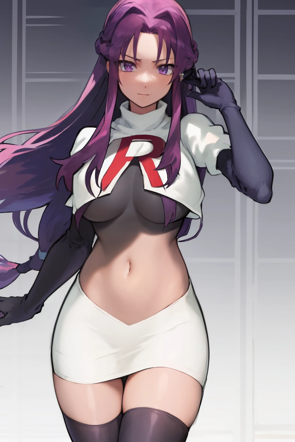 2d, masterpiece, best quality, anime, highly detailed, cowboy shot, 1girl, solo, yuri, purple eyes, purple hair, long hair, hairclip, [[large breasts]], team rocket,team rocket uniform,white skirt,red letter R,crop top,black thigh-highs,black elbow gloves