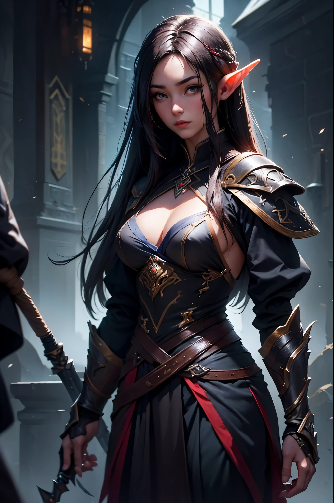 Warrior brunette, costume, best quality, 8k, wallpaper, hyper detailed, hyper realistic, short skirt, red skirt, white panties, panties appearing, thong, realistic, D&D, cameltoe, pantyshot, open legs, legs apart, upskirt, Steel gauntlets, steel boots, steel breastplate, RAW,
