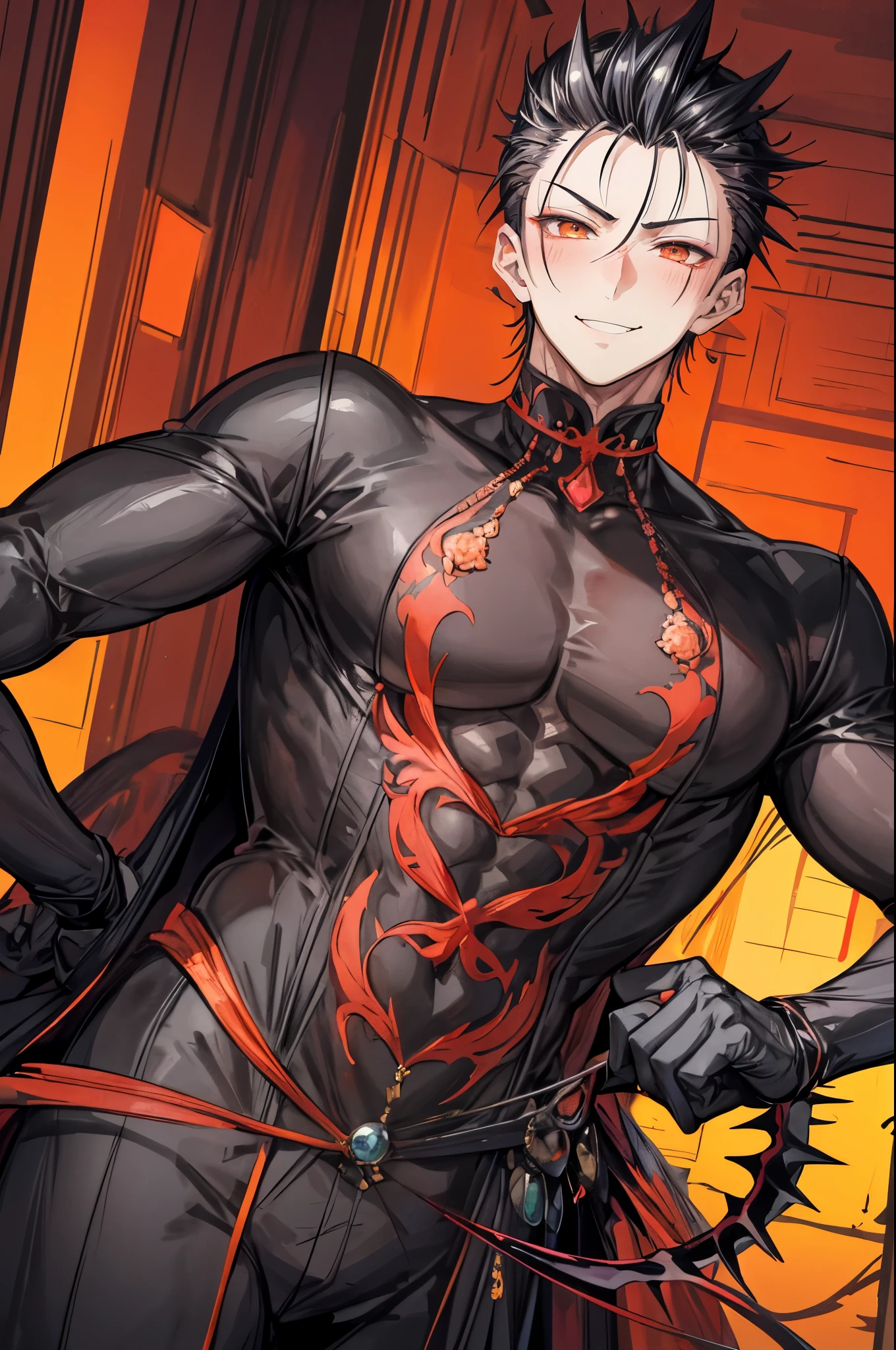 (flat color:1.1),(masterpiece:1.2), best quality, masterpiece, original,short black spiked hair, orange eyes and accents, (mature handsome anime man looking at the camera with a smile and blush:1.2), eastern dragon horns, scaly neck