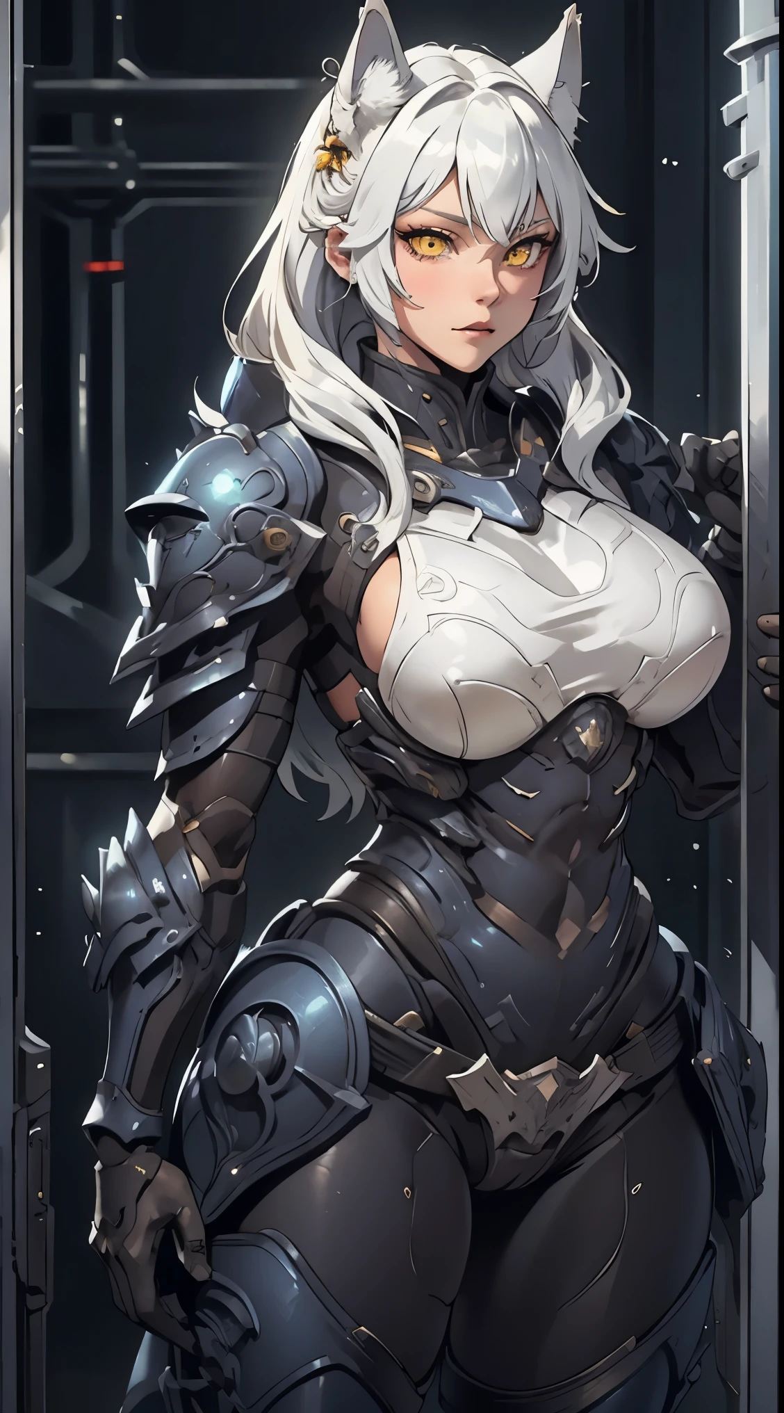 1 beast women wearing blue Mecha armor suit, White hair, very long hair,yellow eyes, wolf  ears, fangs and a body full of fur, naked, big breast, big cheast, big buttocks, full body, beast tail, erotic pose