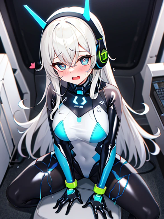 (Equestrian machine):1.3、乗馬マシーンにstraddle、straddle:1.3,Tubes and cables、holds the smartphone in her hand、(Interior of white cyberpunk futuristic space station)、1 girl、solo、full body painting、chest、Sweat、tears、heart-shaped pupil、Ahegao、Steamed body、(blue and black bodysuit):1.2、(Futuristic latex bodysuit space suit):1.1,headphone、V arm、(blush:1.3)