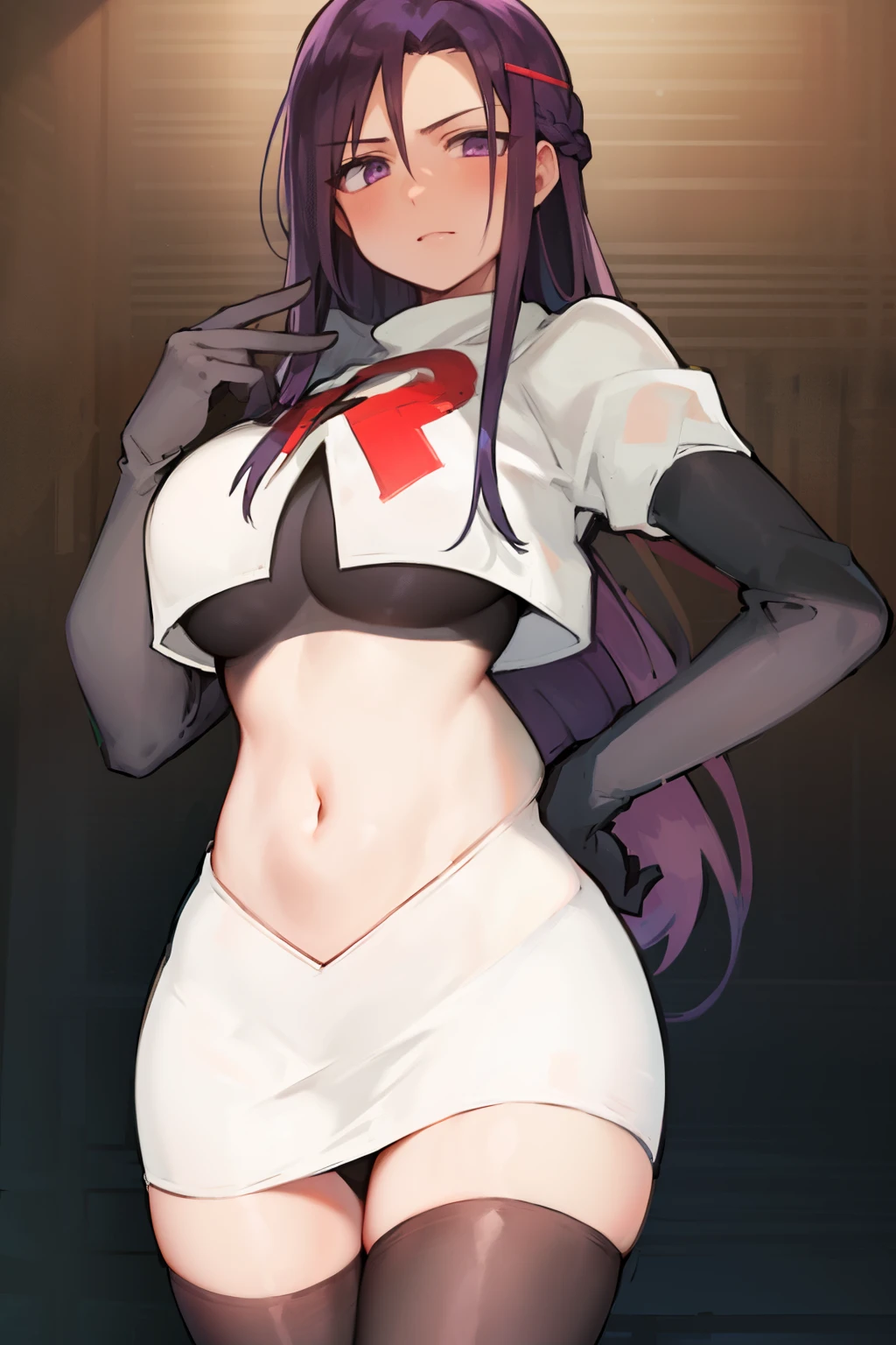 2d, masterpiece, best quality, anime, highly detailed, cowboy shot, 1girl, solo, yuri, purple eyes, purple hair, long hair, hairclip, [[large breasts]], team rocket,team rocket uniform,white skirt,red letter R,crop top,black thigh-highs,black elbow gloves