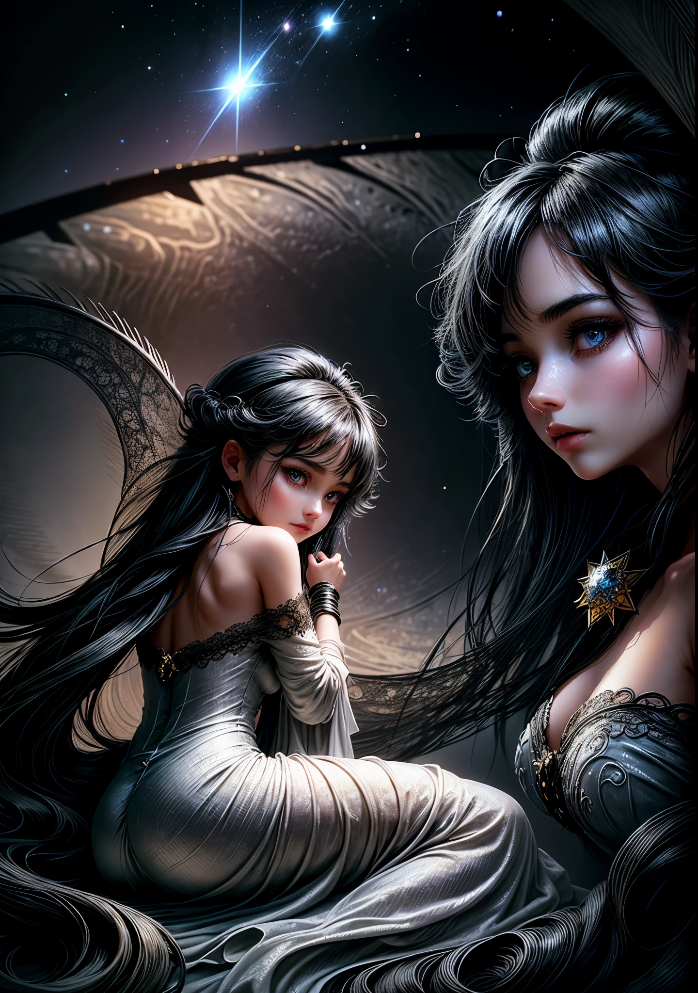 In the quiet stillness of the night, a black haired fairy of the moon sits upon her shimmering bedazzled crescent throne, her eyes alight with wonder as she watches a single star shoot across the sky. The stellar winds blow hot and cold, carrying her thoughts and dreams to the far reaches of the universe, much jewelry, topiary, filigree, beautiful silken dress, lacey accessories, time, full beautiful hair, beautiful eyes, swirling curling twirling beautiful fluffy hair,