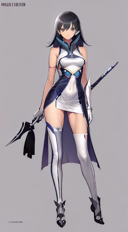 (((Best Quality))) , ((full body)), female, character design, solo, ( white background:1.3), holding sword, thigh high, summer outfit, colorful outfit, bare arms, Bust Bodice, bare waist, standing, backless casual dress, bikini, side slit skirt, gloves,