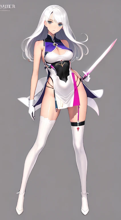 (((Best Quality))) , ((full body)), female, character design, solo, ( white background:1.3), holding sword, thigh high, summer outfit, colorful outfit, bare arms, Bust Bodice, bare waist, standing, backless casual dress, bikini, side slit skirt, gloves,
