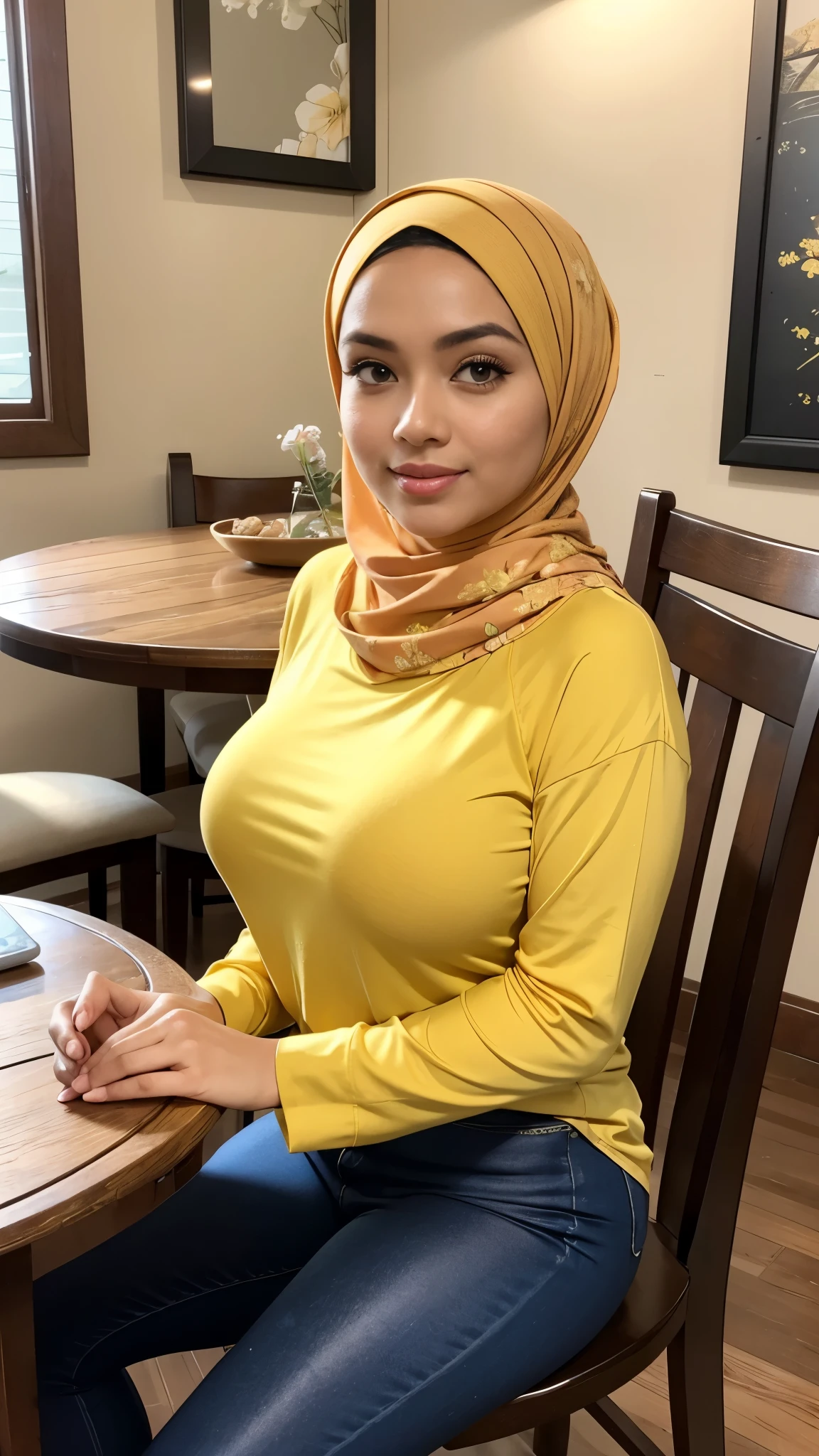 RAW, Best quality, high resolution, masterpiece: 1.3), beautiful Malay woman in hijab, Masterpiece, perfect fit body, ((Big breasts)), big beautiful eyes, Soft smile, detail face, beautiful face, thick thighs, woman sitting at the table , casual pose, wearing yellow floral blouse, wearing leggings, full body photo, casual clothing style, photogenic full body photo, sitting in front of a table, on a wooden chair, wearing casual clothes, wearing casual clothes, casual photography , sit back, Great lighting, Bright colors, Clean lines