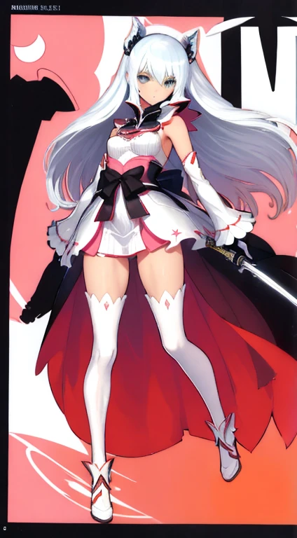 (((Best Quality))) , ((full body)), female, character design, solo, ( white background:1.3), holding sword, thigh high, summer outfit, colorful outfit, bare arms, Bust Bodice, bare waist, standing, backless casual dress, bikini, side slit skirt, gloves,