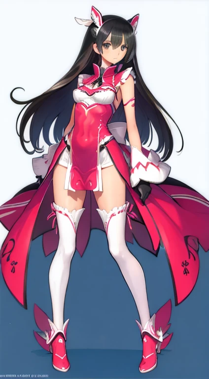 (((Best Quality))) , ((full body)), female, character design, solo, ( white background:1.3), holding sword, thigh high, summer outfit, colorful outfit, bare arms, Bust Bodice, bare waist, standing, backless casual dress, bikini, side slit skirt, gloves,
