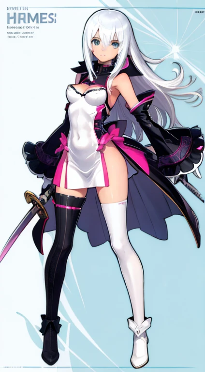 (((Best Quality))) , ((full body)), female, character design, solo, ( white background:1.3), holding staff, thigh high, summer outfit, colorful outfit, bare arms, Bust Bodice, bare waist, standing, backless casual dress, bikini, side slit skirt, gloves,
